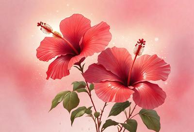 The primary subject of the image is a pair of red flowers, which are the main focus of the scene. The flowers are situated in a pink background, which adds to the overall atmosphere of the image. The visual style of the image is a painting, which gives it a more artistic and detailed appearance. The colors and mood of the image are predominantly pink and red, creating a warm and inviting atmosphere.