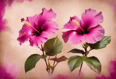 The primary subject of the image is a pair of pink flowers with long stems. The flowers are placed on a pink background, which adds a vibrant and warm atmosphere to the scene. The visual style of the image is a close-up of the flowers, showcasing their details and beauty. The colors and mood of the image are predominantly pink, creating a sense of freshness and natural beauty.
