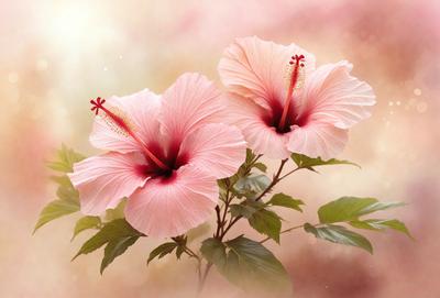 The primary subject of the image is a beautiful pink flower with a red center, surrounded by green leaves. The flower is situated in a pink and yellow background, which adds to the overall mood of the image. The visual style of the image is a close-up of the flower, showcasing its details and beauty. The colors and mood of the image are warm and inviting, with the pink and yellow hues creating a sense of happiness and tranquility.