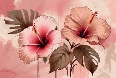 The primary subject of the image is a painting of two pink flowers with red centers. The flowers are depicted in a watercolor style, giving them a vibrant and lively appearance. The setting is a pink background, which complements the flowers and adds to the overall mood of the painting. The visual style is a combination of digital art and traditional painting techniques, resulting in a unique and captivating artwork.