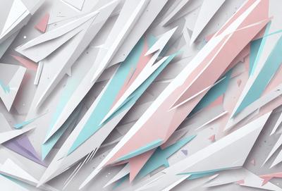 The primary subject of the image is a large, colorful, and abstract wallpaper design. The setting is a white wall, which serves as a clean and neutral backdrop for the vibrant pattern. The visual style is a combination of digital art and illustration, creating a unique and eye-catching design. The dominant colors in the image are blue, pink, and white, which contribute to a lively and cheerful atmosphere.