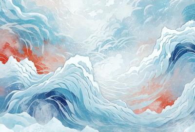 The primary subject of the image is a large wave with a blue and red color scheme. The wave is depicted in a digital art style, with a cloudy sky in the background. The overall atmosphere of the image is dynamic and energetic, as the wave appears to be crashing down.