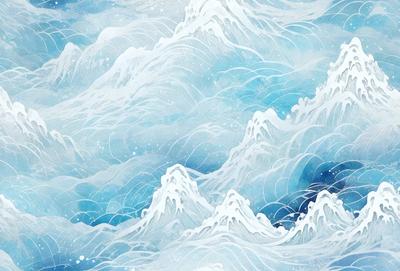 The primary subject of the image is a large body of water with a mountainous background. The water appears to be a mix of blue and white, creating a visually striking scene. The setting is a vast ocean with waves crashing against the mountains, giving the impression of a powerful storm. The visual style of the image is a combination of digital art and illustration, creating a dynamic and engaging scene. The colors and mood of the image are predominantly blue and white, with a sense of intensity and drama due to the powerful