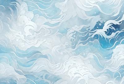 The primary subject of the image is a white and blue ocean scene with waves and clouds. The setting is a blue sky, and the visual style is a combination of digital art and illustration. The dominant colors are white and blue, creating a calm and serene atmosphere.