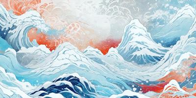 The primary subject of the image is a snowy mountain range with a red sky in the background. The setting is a winter landscape with snow-covered mountains and a cloudy sky. The visual style is a combination of digital art and illustration, creating a unique and captivating scene. The dominant colors are blue, white, and red, giving the image a cold and dramatic atmosphere.