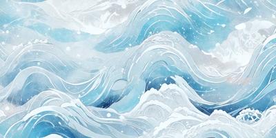 The primary subject of the image is a large wave in the ocean. The wave is depicted in a watercolor style, giving it a vibrant and dynamic appearance. The setting is the ocean, with the wave being the main focus of the scene. The visual style is a combination of digital art and illustration, creating a unique and captivating image. The dominant colors in the image are blue and white, which contribute to the overall mood of the scene, evoking a sense of tranquility and power.