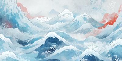 The primary subject of the image is a large body of water with a mountainous landscape in the background. The water appears to be a mix of blue and white, creating a serene and calming atmosphere. The setting is a vast ocean with waves and mountains visible in the distance. The visual style of the image is a combination of digital art and illustration, giving it a unique and artistic appearance. The colors and mood of the image are predominantly blue and white, with a touch of red, creating a sense of tranqu
