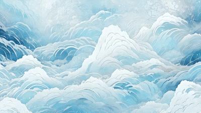 The primary subject of the image is a large, blue wave with white clouds in the background. The setting appears to be a cloudy sky, and the visual style is a combination of digital art and illustration. The dominant colors are blue and white, creating a serene and calming atmosphere.