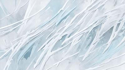 The primary subject of the image is a white, abstract painting with a blue background. The painting features a series of white, thin, and long lines that create a visually striking pattern. The setting is a white wall, and the visual style is a combination of digital art and painting. The colors and mood of the painting are predominantly white and blue, giving it a clean and serene appearance.