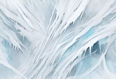 The primary subject of the image is a white, flowing, and frosty substance, which appears to be a combination of ice, snow, and frost. The setting is a cloudy sky, and the visual style is a digital art or illustration. The dominant colors are white and blue, creating a cold and icy atmosphere.