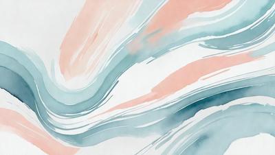 The primary subject of the image is a painting of a wave. The setting is a white background, and the visual style appears to be a watercolor painting. The dominant colors in the painting are blue and pink, creating a calming and serene atmosphere.