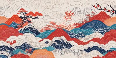 The primary subject of the image is a mountain with a red peak, surrounded by a blue ocean. The mountain is located in the middle of the scene, with the ocean on both sides. The visual style of the image is a combination of digital art and illustration, creating a vibrant and dynamic landscape. The dominant colors in the image are red, blue, and white, with the red peak of the mountain standing out against the blue ocean. The overall atmosphere of the image is one of beauty and serenity, as the mountain and