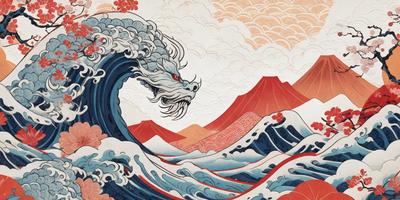 Primary subject: A dragon with a red and white face, surrounded by a wave.

Setting/background: The dragon is in the middle of a wave, with a mountain in the background.

Visual style: The image is a digital art or illustration.

Colors and mood: The dragon has a red and white face, and the overall atmosphere is dynamic and energetic.