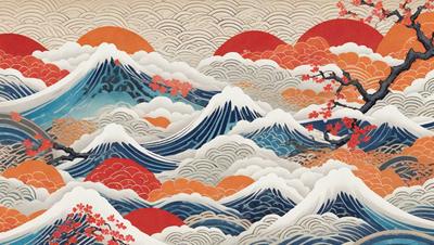 The primary subject of the image is a mountainous landscape with a large body of water, possibly an ocean. The setting is a beautifully illustrated scene with a mountain range, a wave, and a tree. The visual style is a combination of digital art and traditional illustration, creating a vibrant and dynamic atmosphere. The colors and mood are predominantly blue and orange, with the blue representing the water and the orange representing the mountain range and the wave.