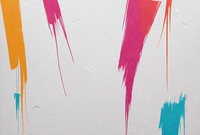 The primary subject of the image is a white wall with a few colorful streaks painted on it. The setting is a room with a white wall, and the visual style appears to be a combination of a photo and digital art. The colors and mood of the image are vibrant and lively, with the colorful streaks adding a touch of creativity and energy to the otherwise plain white wall.
