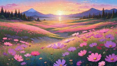 The primary subject of the image is a field of flowers, with a variety of pink and purple flowers spread across the landscape. The setting is a beautiful sunset, creating a serene and picturesque backdrop. The visual style is a combination of digital art and illustration, with the flowers and grass depicted in a vibrant and detailed manner. The colors and mood of the image are predominantly pink and purple, evoking a sense of tranquility and natural beauty.