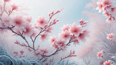 The primary subject of the image is a tree filled with pink flowers. The tree is surrounded by a blue background, which adds a sense of depth and contrast to the scene. The visual style of the image is a combination of digital art and illustration, creating a vibrant and lively atmosphere. The dominant colors in the image are pink and blue, which evoke a sense of warmth and tranquility.