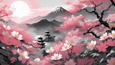 The primary subject of the image is a beautiful scene featuring a large mountain with a pink sky, a lake, and a group of white flowers. The setting is a picturesque landscape with a serene atmosphere. The visual style of the image is a combination of digital art and illustration, creating a vibrant and lively scene. The dominant colors in the image are pink and white, which contribute to the overall mood of the scene.