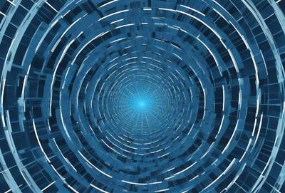 The primary subject of the image is a blue spiral, which appears to be a digital art or illustration. The setting is a blue background, and the visual style is a combination of photo and digital art. The colors and mood of the image are predominantly blue, creating a calm and serene atmosphere.