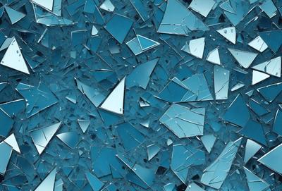 The primary subject of the image is a blue background with a pattern of broken glass or mirrored pieces. The setting is a blue wall, and the visual style appears to be a digital art or illustration. The colors and mood of the image are predominantly blue, creating a calm and serene atmosphere.
