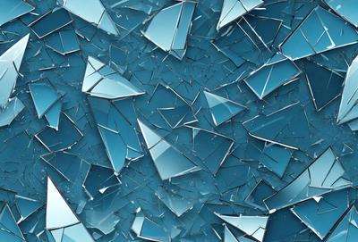 The primary subject of the image is a blue background with numerous small, square, and shiny glass pieces or mirrors scattered across it. The visual style of the image is a close-up of the glass pieces, creating a sense of depth and texture. The colors and mood of the image are predominantly blue, giving it a calm and serene atmosphere.
