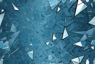 The primary subject of the image is a close-up of a blue and white glass surface, which appears to be a shattered mirror. The setting is a dark room, and the visual style is a combination of a photo and digital art. The dominant colors are blue and white, creating a calm and serene atmosphere.