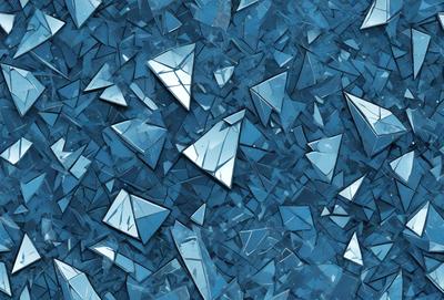The primary subject of the image is a blue background with numerous small, triangular glass pieces scattered across it. The visual style of the image is a close-up of the glass pieces, creating a patterned and textured appearance. The colors and mood of the image are predominantly blue, giving it a calm and serene atmosphere.