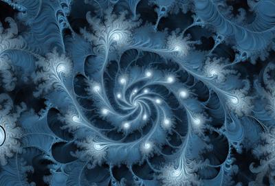 The primary subject of the image is a blue spiral pattern with a swirling design. The setting is a blue background, which complements the spiral pattern. The visual style is a digital art or illustration, as the spiral pattern is intricately detailed and has a vibrant, swirling appearance. The dominant colors are blue and white, creating a calming and serene atmosphere.