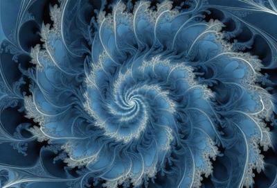 The primary subject of the image is a blue spiral pattern, which appears to be a digital art or illustration. The setting is a blue background, and the visual style suggests that it is a digital artwork or a pattern. The dominant colors in the image are blue and white, creating a calm and soothing atmosphere.