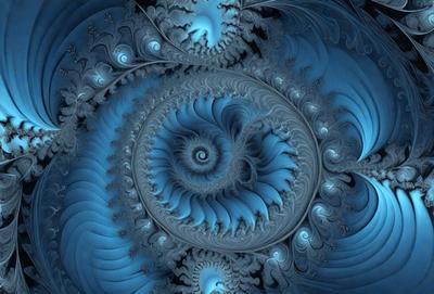 The primary subject of the image is a blue spiral pattern, which appears to be a digital art or illustration. The setting is a blue background, and the visual style suggests that it is a digital artwork or a pattern. The colors and mood of the image are predominantly blue, creating a calm and serene atmosphere.
