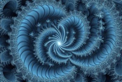 The primary subject of the image is a spiral pattern, which is a blue and white swirl. The setting is a blue background, and the visual style appears to be a digital art or illustration. The colors and mood of the image are predominantly blue and white, creating a sense of calmness and tranquility.