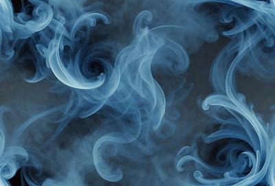 The primary subject of the image is a blue and white smoke pattern, which appears to be a digital art or illustration. The setting is a dark background, and the visual style gives the impression of a swirling, spiraling motion. The colors and mood of the image are predominantly blue and white, creating a sense of depth and intricacy in the smoke pattern.