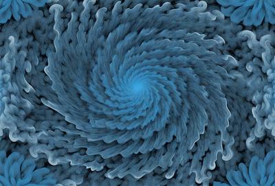 The primary subject of the image is a blue spiral pattern, which appears to be a digital art or illustration. The setting is a blue background, and the visual style is a combination of a photo and a digital art or illustration. The dominant colors are blue and white, creating a calm and soothing atmosphere.