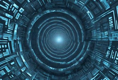 The primary subject of the image is a blue spiral, which appears to be a futuristic or digital art piece. The setting is a dark, blue environment, which adds to the overall mood of the image. The visual style is a combination of digital art and illustration, creating a unique and intriguing scene. The colors and mood of the image are predominantly blue, with a sense of depth and complexity.