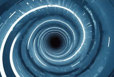 The primary subject of the image is a black hole, which is the main object, scene, or focus of the image. The setting/background features a blue, circular surface, which adds to the visual style of the image. The visual style is a combination of a photo and digital art, creating a unique and captivating representation of the black hole. The colors and mood of the image are predominantly dark and mysterious, emphasizing the vastness and depth of the black hole.