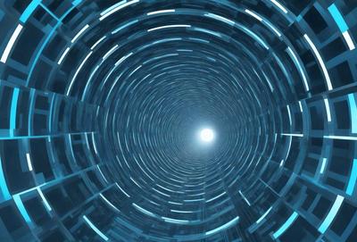 The primary subject of the image is a tunnel or a large, dark, and circular space. The setting is a dark, blue environment, which gives the scene a mysterious and intriguing atmosphere. The visual style appears to be a combination of a photo and digital art, creating a unique and captivating image. The colors and mood are predominantly dark and blue, with a hint of a bright light or a small circle of light in the center, adding a sense of depth and contrast to the scene.