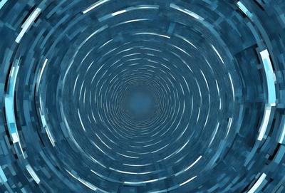 The primary subject of the image is a blue spiral pattern, which appears to be a digital art or illustration. The setting is a blue background, and the visual style is a combination of a photo and digital art. The colors and mood of the image are predominantly blue, creating a calm and serene atmosphere.
