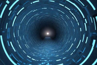 The primary subject of the image is a tunnel with a blue light illuminating it. The setting is a dark, narrow passage, and the visual style is a digital art or illustration. The dominant colors are blue and black, creating a moody atmosphere.