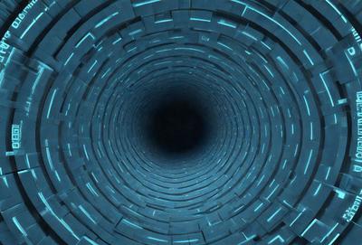The primary subject of the image is a large, dark tunnel with a blue light illuminating it. The setting is a dark, enclosed space, and the visual style appears to be a combination of a photo and digital art. The dominant colors are blue and black, creating a moody atmosphere.