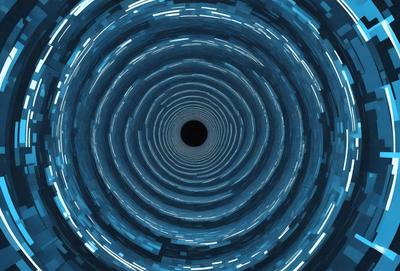 The primary subject of the image is a black hole, which is the main object, scene, or focus of the image. The setting/background features a blue, circular tunnel or tunnel-like structure, which adds to the visual style of the image. The visual style is a combination of a photo and digital art, illustration, or drawing, creating a unique and captivating atmosphere. The colors and mood of the image are predominantly blue, with a sense of depth and intrigue.
