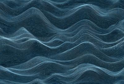 The primary subject of the image is a blue ocean with waves. The setting is the ocean, and the visual style is a digital art or illustration. The dominant colors are blue and white, creating a calm and serene atmosphere.