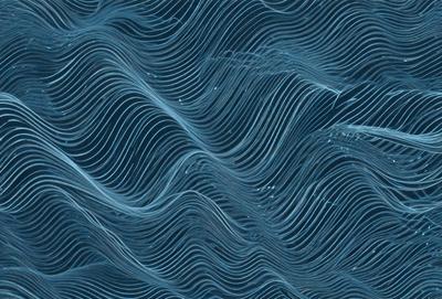 The primary subject of the image is a blue and white ocean wave. The setting is the ocean, with the wave being the main focus of the image. The visual style is a digital art or illustration, as the wave is depicted in a detailed and artistic manner. The dominant colors are blue and white, creating a serene and calming atmosphere.