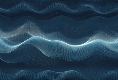 The primary subject of the image is a blue ocean with waves. The setting is the ocean, and the visual style is a digital art or illustration. The dominant colors are blue and white, creating a calm and serene atmosphere.