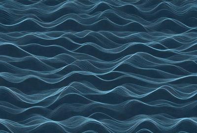 The primary subject of the image is a blue ocean with waves. The setting is the ocean, and the visual style is a digital art or illustration. The dominant colors are blue and white, creating a calm and serene atmosphere.