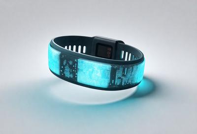 The primary subject of the image is a blue and black wristband with a digital display on it. The wristband is placed on a white surface, which serves as the background. The visual style of the image is a combination of digital art and illustration, as the wristband features a digital display and the overall design appears to be a mix of digital and traditional elements. The colors and mood of the image are predominantly blue and black, giving it a modern and sleek appearance.