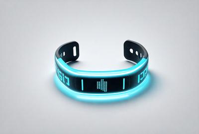 The primary subject of the image is a blue and green bracelet with a digital display. The bracelet is placed on a white surface, which serves as the background. The visual style of the image is digital art, as it features a futuristic design and a glowing display. The colors and mood of the image are predominantly blue and green, giving it a modern and sleek appearance.