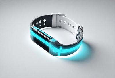 The primary subject of the image is a watch with a blue and white band. The watch is prominently displayed on a gray surface, which serves as the setting or background. The visual style of the image is a digital art or illustration, as it is a close-up of the watch with a blue and white band. The colors and mood of the image are predominantly blue and white, giving it a clean and modern appearance.