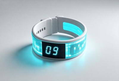 The primary subject of the image is a digital watch with a blue and green display. The watch is white and has a blue and green screen. The setting is a white background, which provides a clean and minimalist appearance. The visual style is digital art, as the watch's display is a digital representation of time. The colors and mood of the image are bright and modern, with the blue and green display creating a sense of sophistication and style.