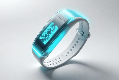 The primary subject of the image is a blue and white wristwatch with a digital display. The watch is placed on a white surface, which serves as the background. The visual style of the image is a combination of digital art and illustration, as the watch's display is illuminated with blue lights. The colors and mood of the image are predominantly blue and white, giving it a clean and modern appearance.