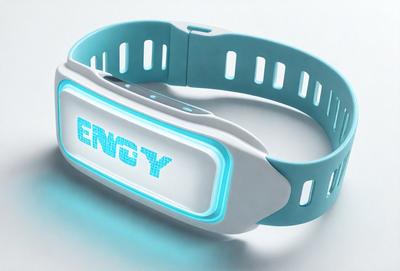 The primary subject of the image is a white and blue wristband with the word "ENY" written on it. The setting is a white background, and the visual style appears to be a digital art or illustration. The colors and mood of the image are predominantly blue and white, giving it a clean and modern appearance.